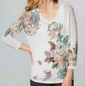 J Jill Womens Sweater Plus Size 2X Cream Floral V-Neck Pullover Linen Blend